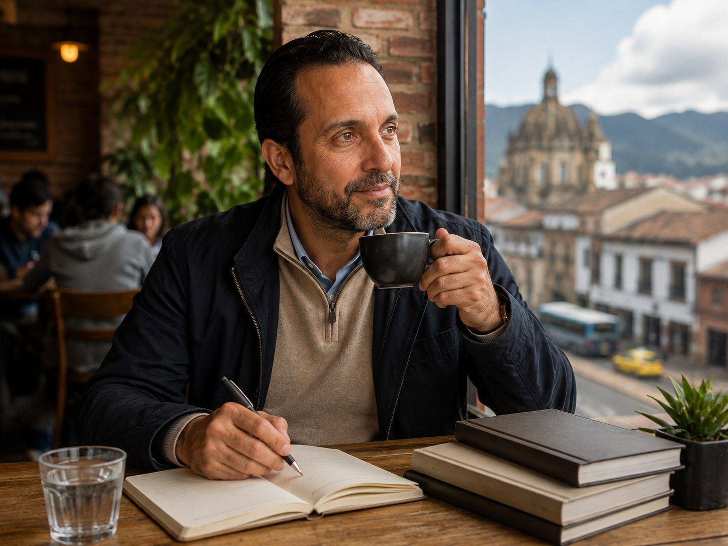 Danny Rodriguez writing in a notebook at a café table in Bogotá, coffee in hand, the city visible through the window behind him.